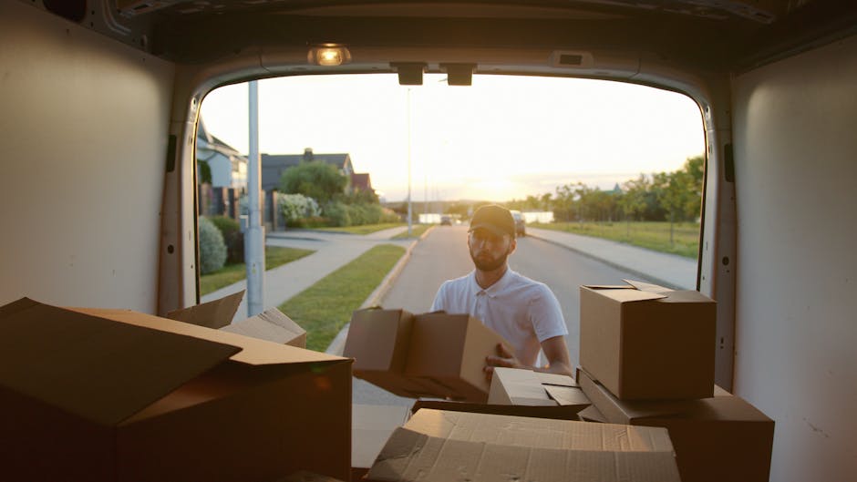 A male mover wearing a white shirt and cap is seen from inside the back of a moving van, loading or unloading cardboard boxes during a home relocation. The van's open rear door frames the scene, revea